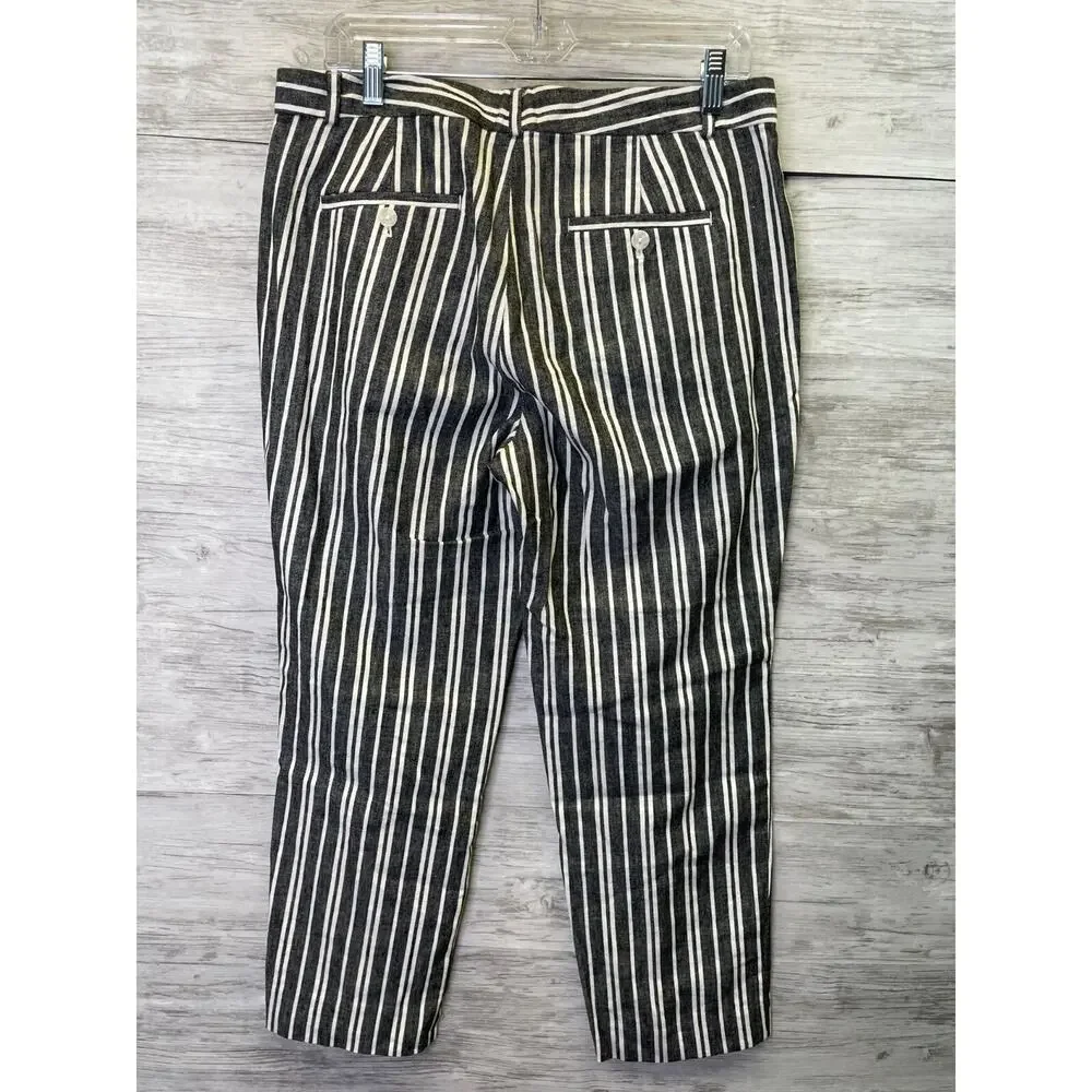 Banana Republic Avery‎ Pants 8 Petite Gray White Striped Cropped Linen 572296-00